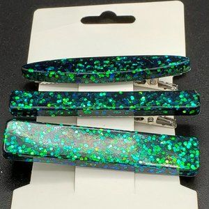 Set of 3 Hair Clips ~ Emerald Green Color-Shift Glitter Epoxy Resin Barrettes